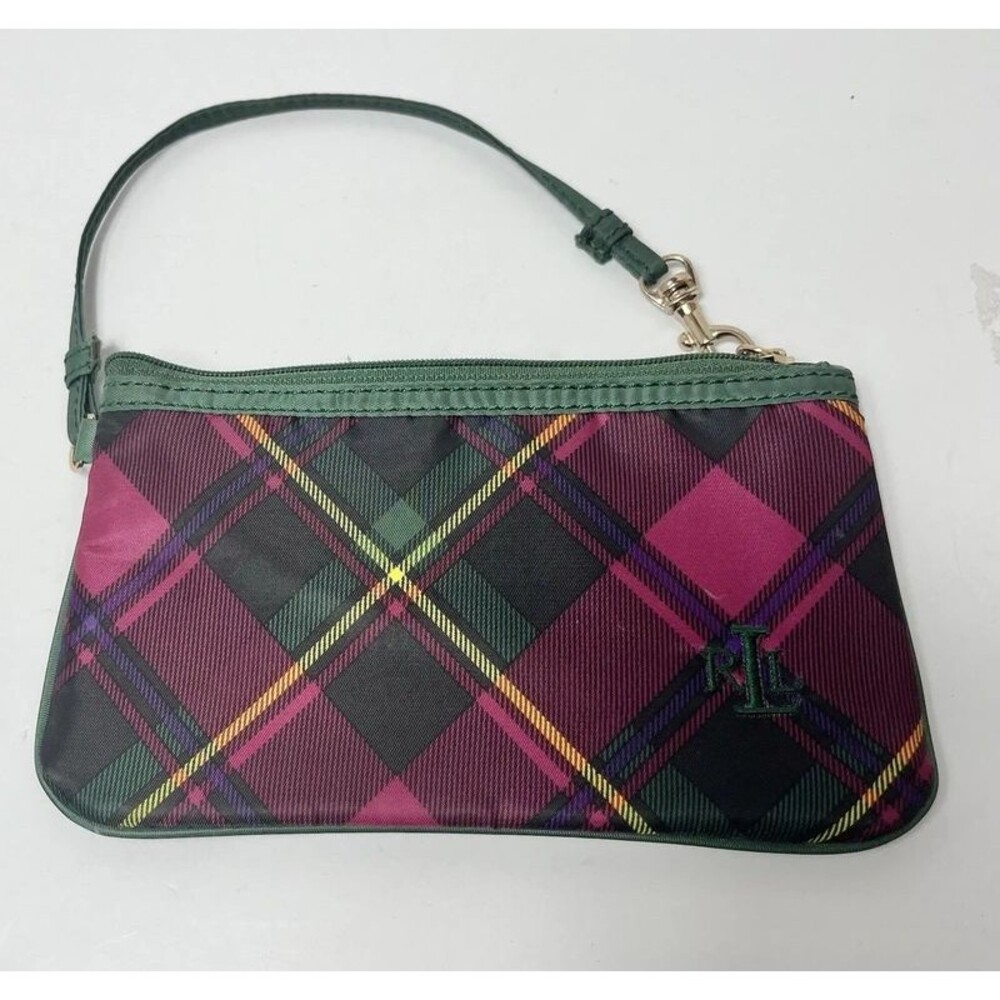 Lauren Ralph Lauren Wristlet Wallet 7” X 4” Green Plaid LRL Monogram Zippered